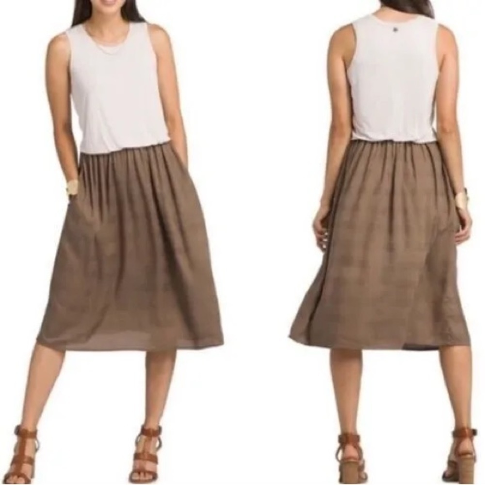 Prana Perry Midi Dress Size Small Cream Brown Sleeveless Pockets Modal Casual